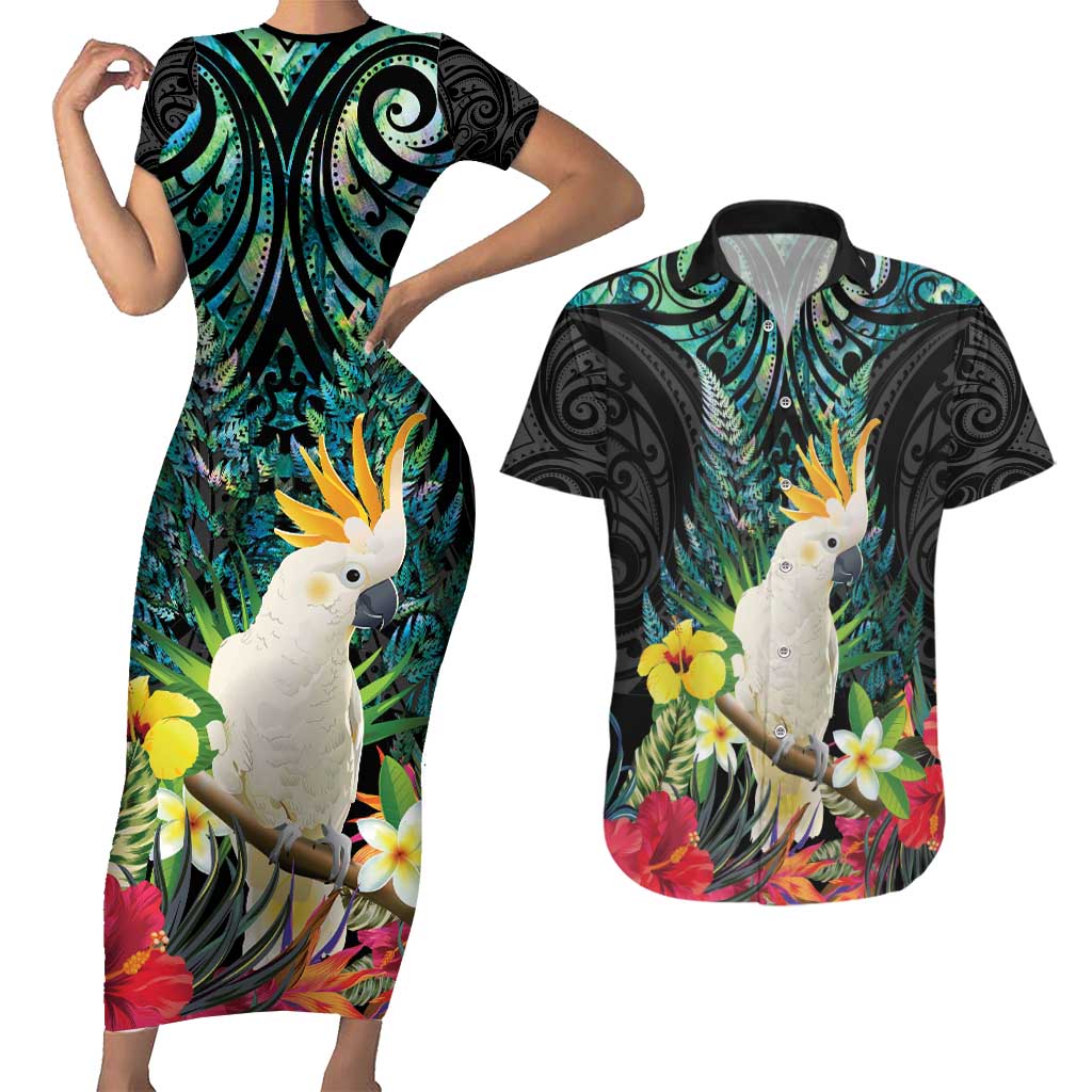 Sulphur-crested Cockatoo New Zealand Couples Matching Short Sleeve Bodycon Dress and Hawaiian Shirt Paua Shell Aotearoa Maori Tropical Flowers - Polynesian Pride