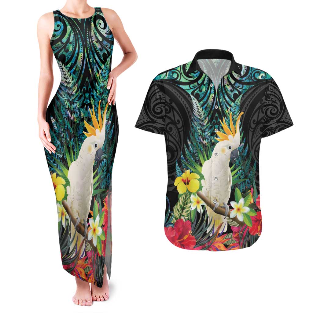 Sulphur-crested Cockatoo New Zealand Couples Matching Tank Maxi Dress and Hawaiian Shirt Paua Shell Aotearoa Maori Tropical Flowers - Polynesian Pride