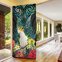 Sulphur-crested Cockatoo New Zealand Door Cover Paua Shell Aotearoa Maori Tropical Flowers - Polynesian Pride