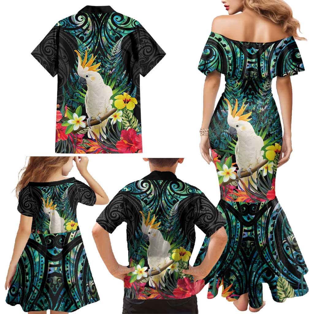 Sulphur-crested Cockatoo New Zealand Family Matching Mermaid Dress and Hawaiian Shirt Paua Shell Aotearoa Maori Tropical Flowers - Polynesian Pride