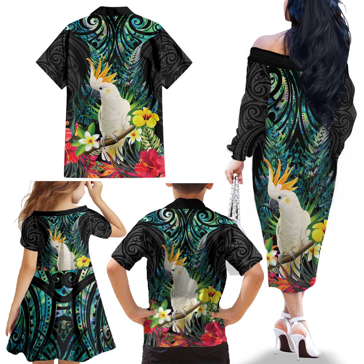 Sulphur-crested Cockatoo New Zealand Family Matching Off The Shoulder Long Sleeve Dress and Hawaiian Shirt Paua Shell Aotearoa Maori Tropical Flowers - Polynesian Pride