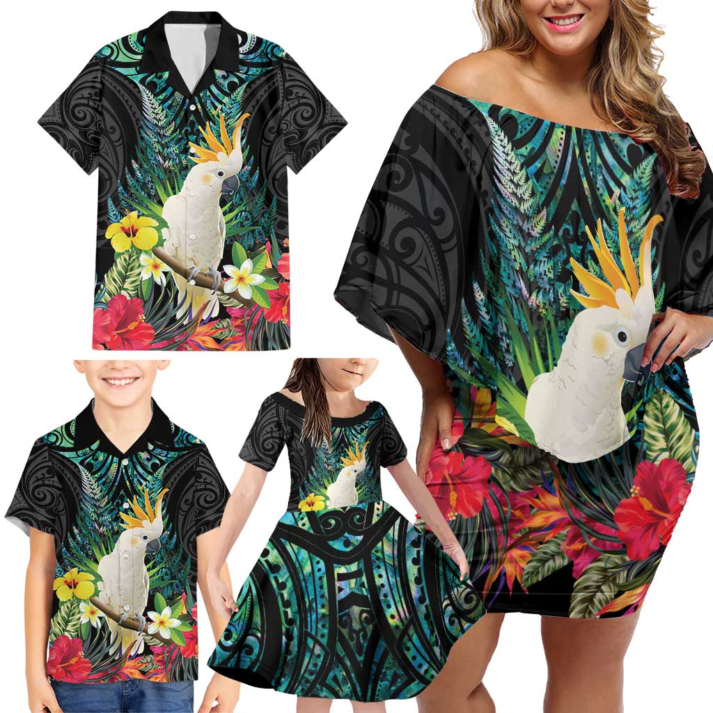 Sulphur-crested Cockatoo New Zealand Family Matching Off Shoulder Short Dress and Hawaiian Shirt Paua Shell Aotearoa Maori Tropical Flowers - Polynesian Pride