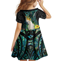 Sulphur-crested Cockatoo New Zealand Family Matching Short Sleeve Bodycon Dress and Hawaiian Shirt Paua Shell Aotearoa Maori Tropical Flowers - Polynesian Pride