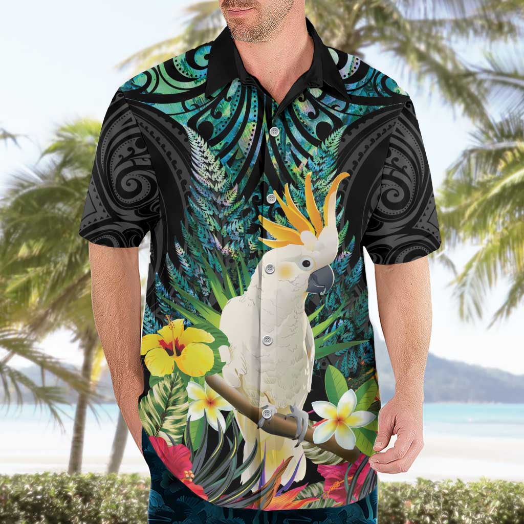 Sulphur-crested Cockatoo New Zealand Hawaiian Shirt Paua Shell Aotearoa Maori Tropical Flowers - Polynesian Pride