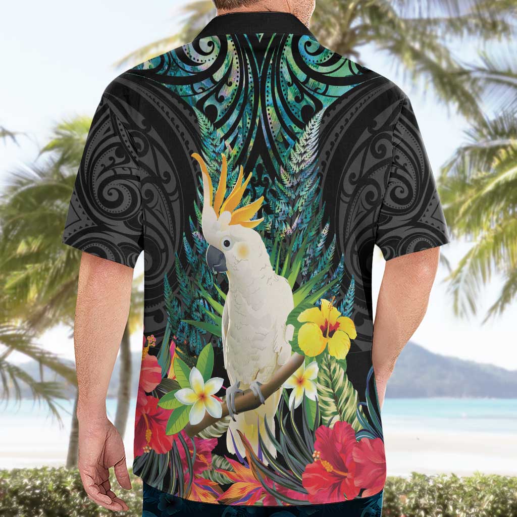 Sulphur-crested Cockatoo New Zealand Hawaiian Shirt Paua Shell Aotearoa Maori Tropical Flowers - Polynesian Pride