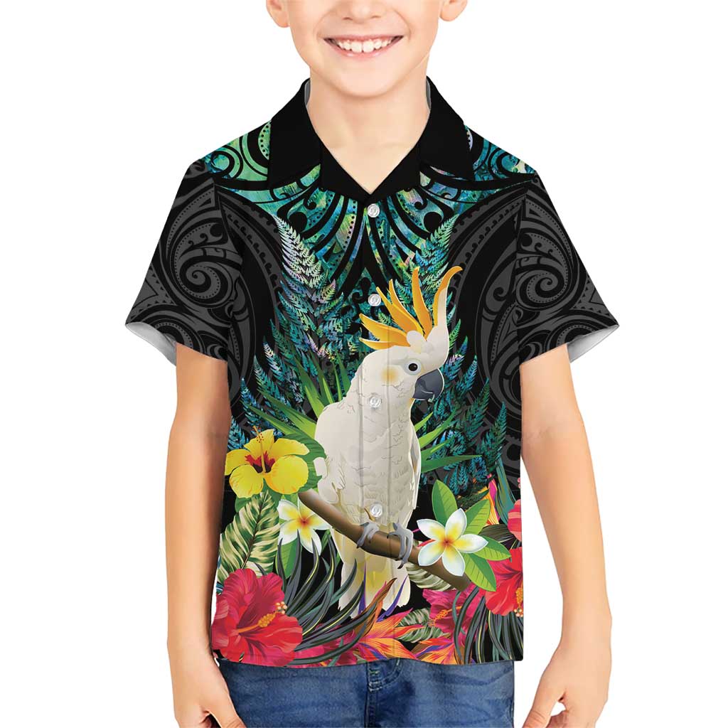 Sulphur-crested Cockatoo New Zealand Hawaiian Shirt Paua Shell Aotearoa Maori Tropical Flowers - Polynesian Pride