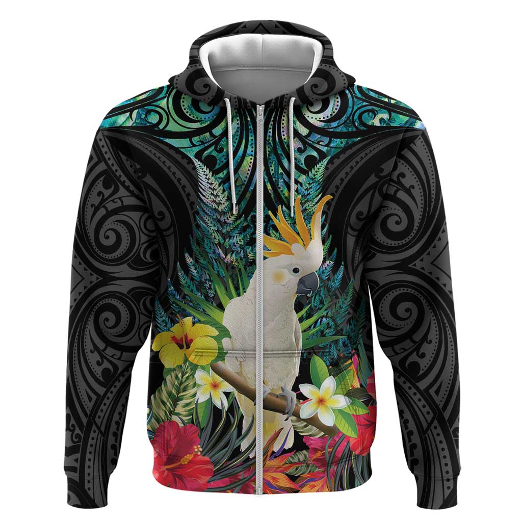 Sulphur-crested Cockatoo New Zealand Hoodie Paua Shell Aotearoa Maori Tropical Flowers - Polynesian Pride