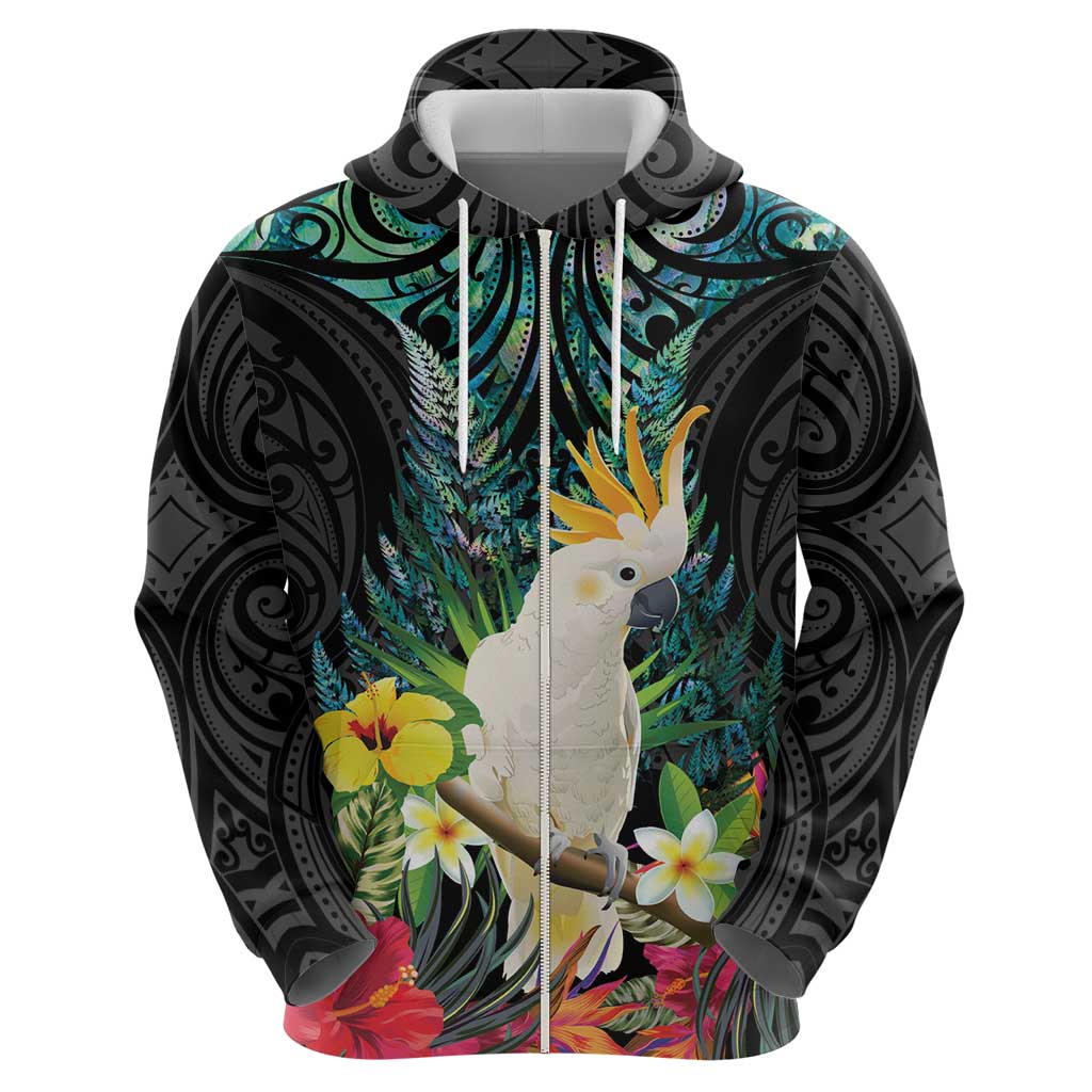 Sulphur-crested Cockatoo New Zealand Hoodie Paua Shell Aotearoa Maori Tropical Flowers - Polynesian Pride