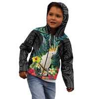 Sulphur-crested Cockatoo New Zealand Kid Hoodie Paua Shell Aotearoa Maori Tropical Flowers - Polynesian Pride