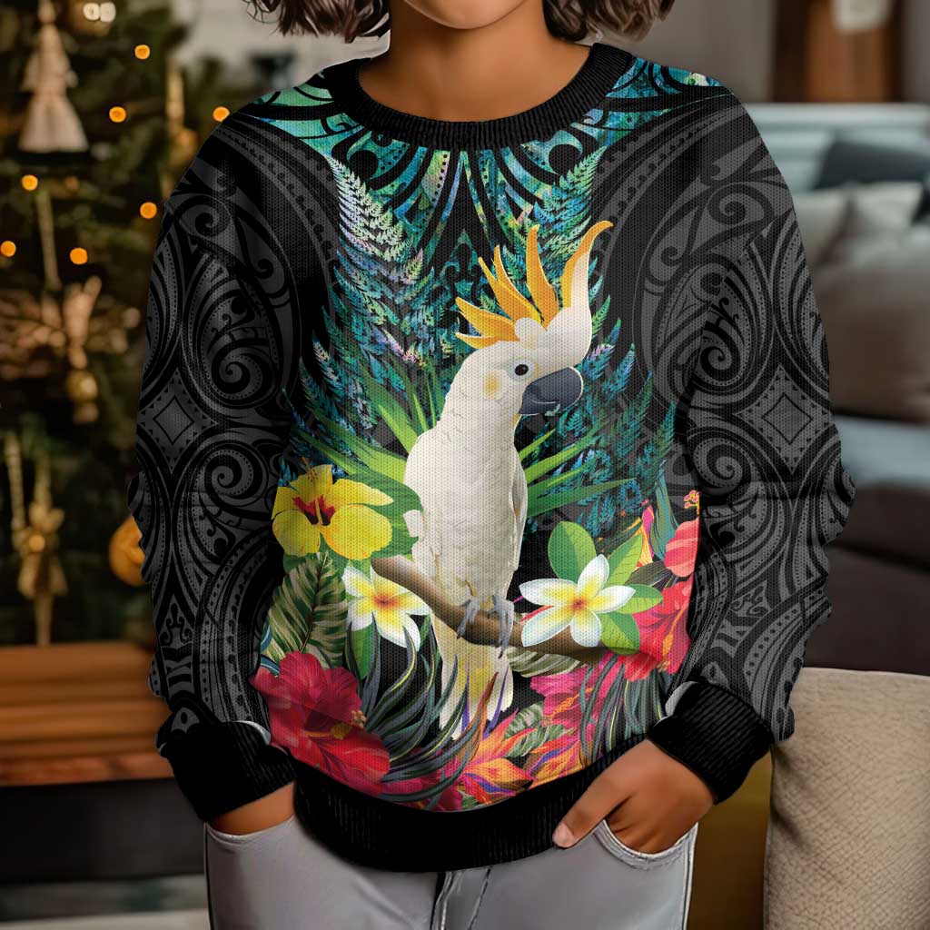 Sulphur-crested Cockatoo New Zealand Kid Ugly Christmas Sweater Paua Shell Aotearoa Maori Tropical Flowers - Polynesian Pride