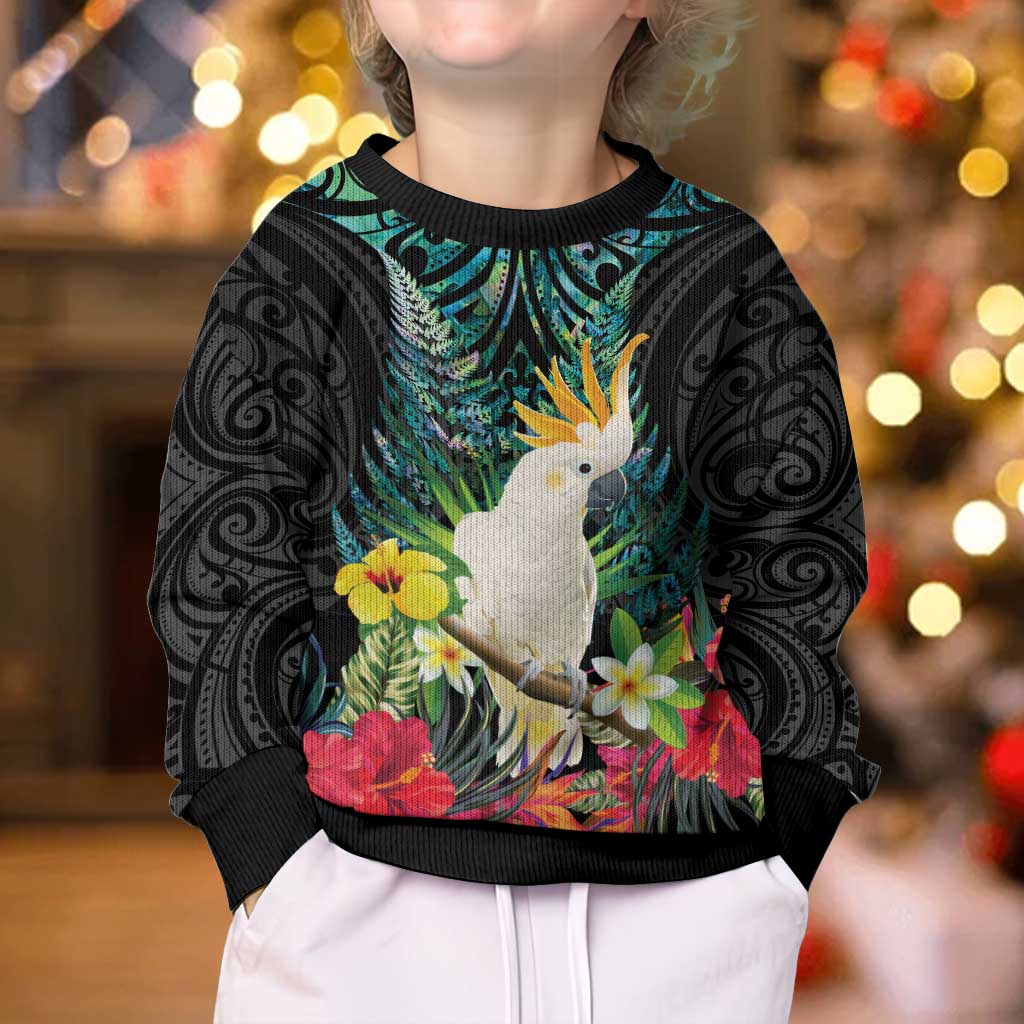 Sulphur-crested Cockatoo New Zealand Kid Ugly Christmas Sweater Paua Shell Aotearoa Maori Tropical Flowers - Polynesian Pride