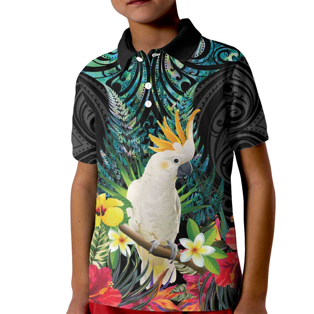 Sulphur-crested Cockatoo New Zealand Kid Polo Shirt Paua Shell Aotearoa Maori Tropical Flowers - Polynesian Pride