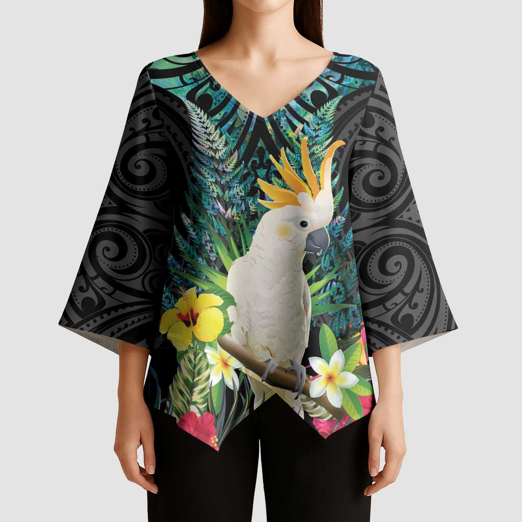Sulphur-crested Cockatoo New Zealand Kimono Sleeve Blouse Paua Shell Aotearoa Maori Tropical Flowers - Polynesian Pride
