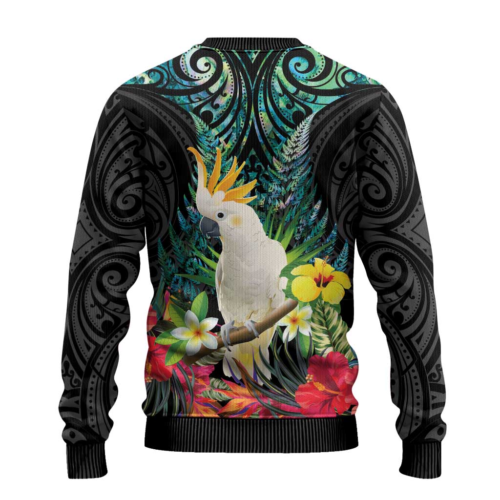 Sulphur-crested Cockatoo New Zealand Ugly Christmas Sweater Paua Shell Aotearoa Maori Tropical Flowers - Polynesian Pride