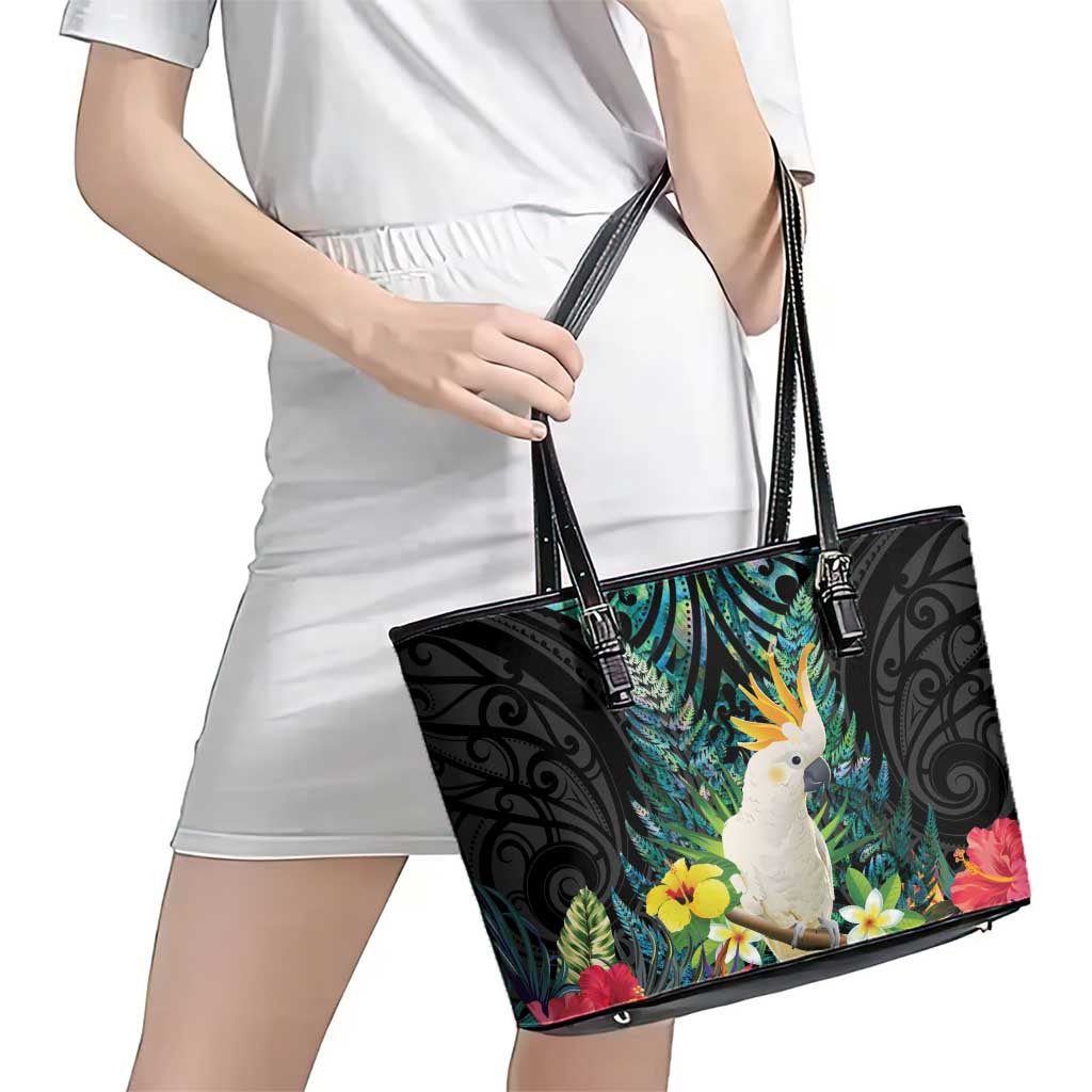 Sulphur-crested Cockatoo New Zealand Leather Tote Bag Paua Shell Aotearoa Maori Tropical Flowers - Polynesian Pride
