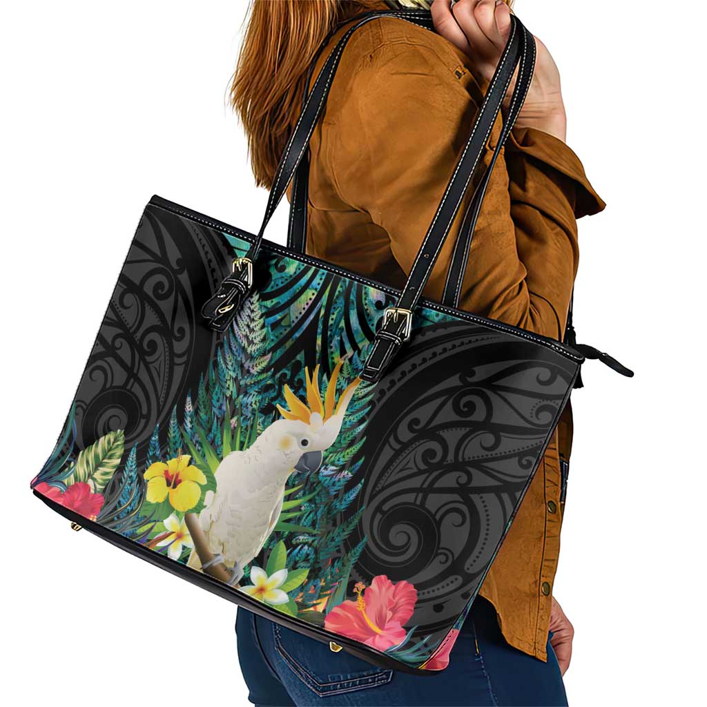 Sulphur-crested Cockatoo New Zealand Leather Tote Bag Paua Shell Aotearoa Maori Tropical Flowers - Polynesian Pride