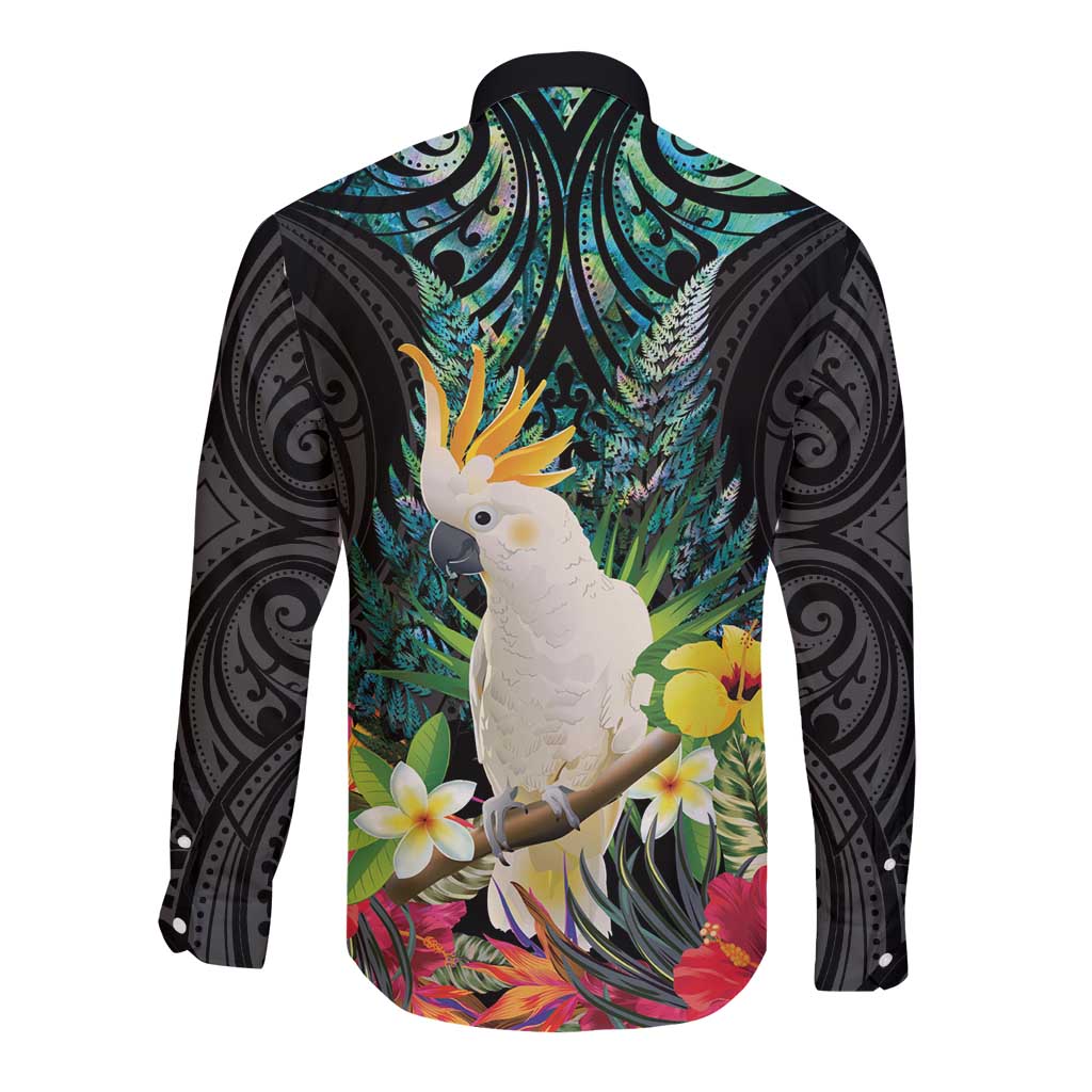 Sulphur-crested Cockatoo New Zealand Long Sleeve Button Shirt Paua Shell Aotearoa Maori Tropical Flowers - Polynesian Pride