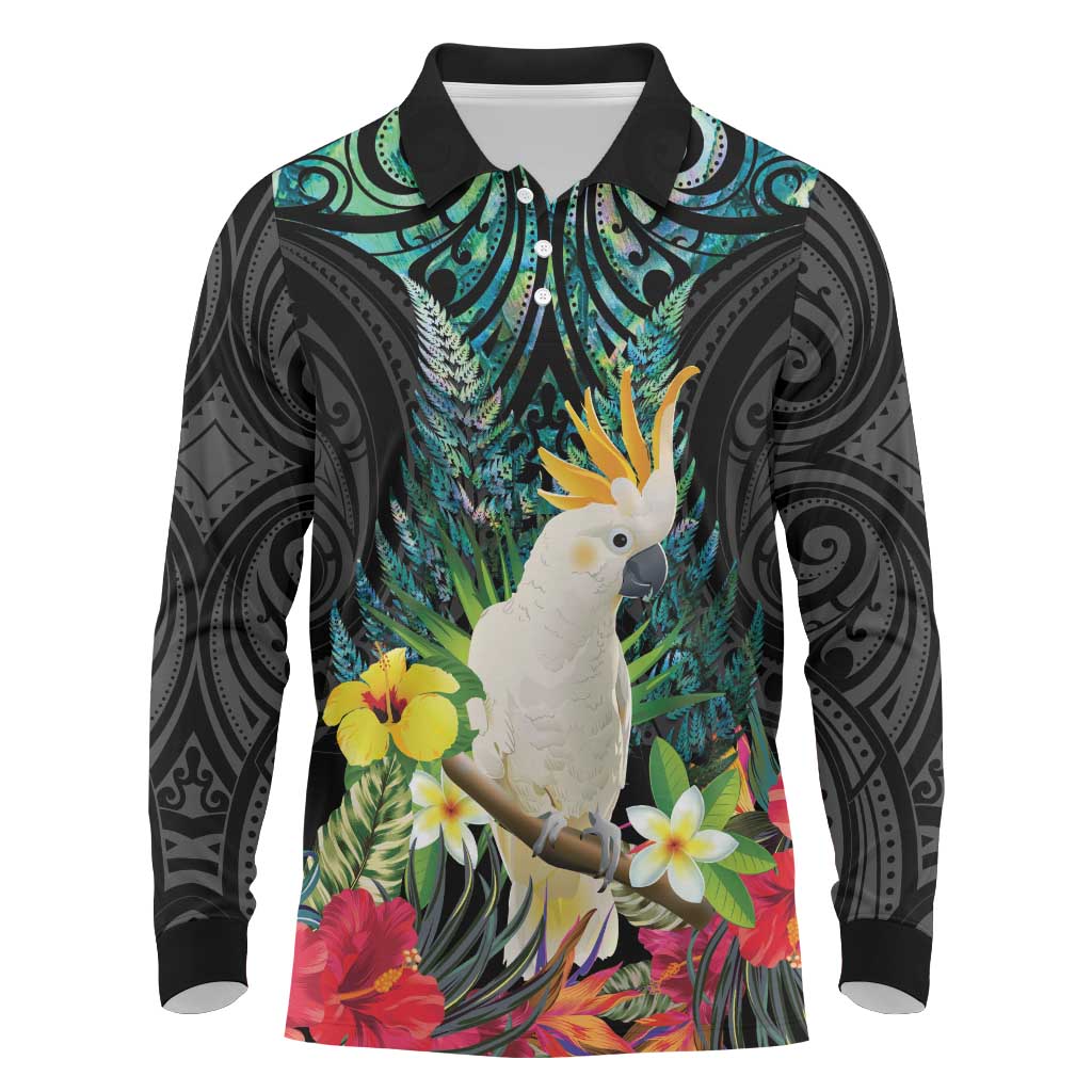 Sulphur-crested Cockatoo New Zealand Long Sleeve Polo Shirt Paua Shell Aotearoa Maori Tropical Flowers - Polynesian Pride