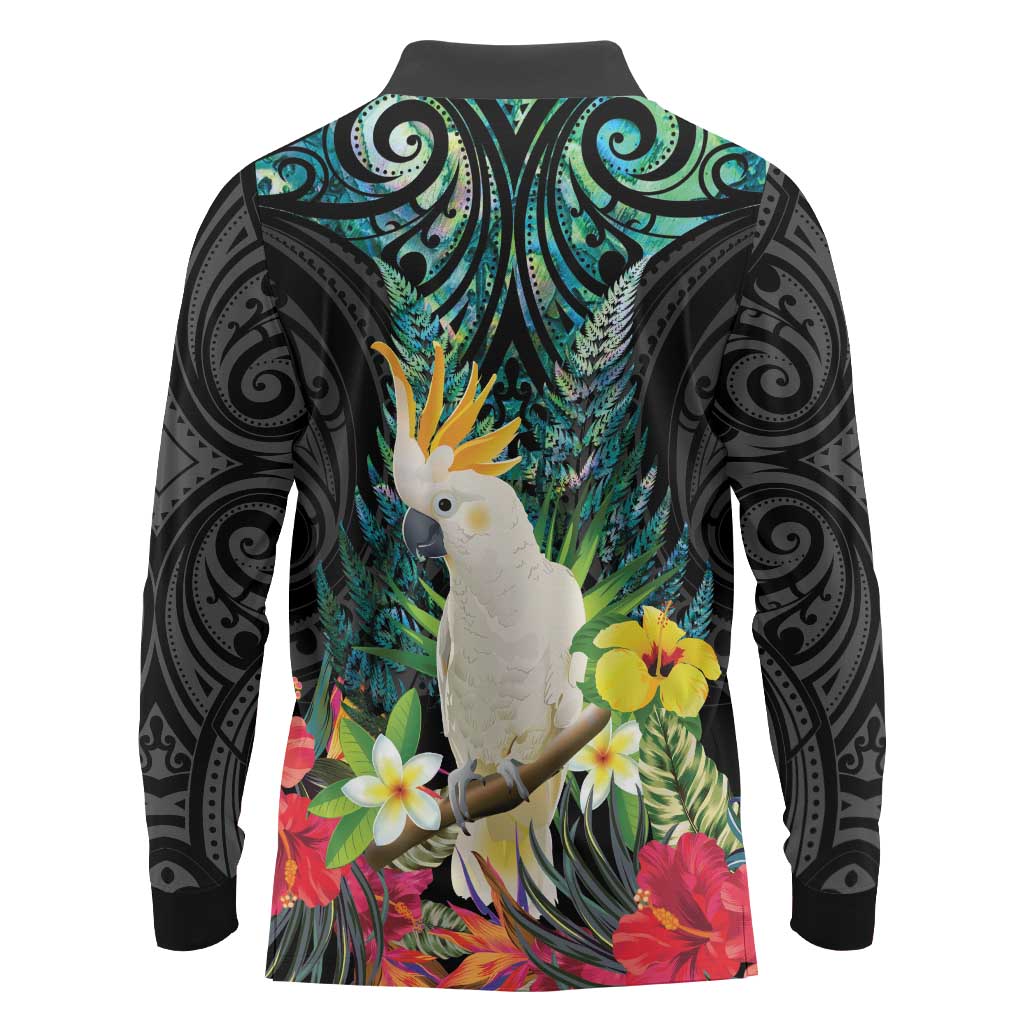 Sulphur-crested Cockatoo New Zealand Long Sleeve Polo Shirt Paua Shell Aotearoa Maori Tropical Flowers - Polynesian Pride
