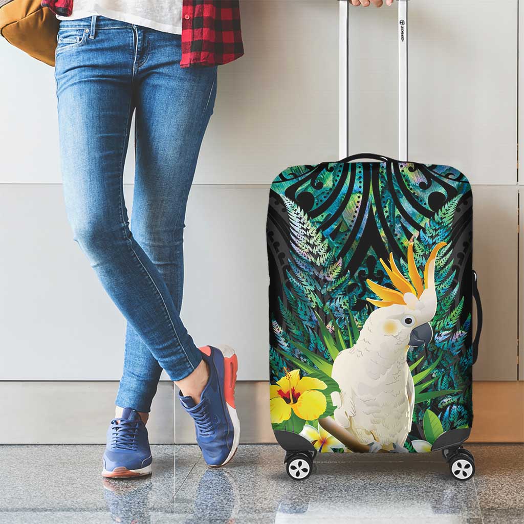 Sulphur-crested Cockatoo New Zealand Luggage Cover Paua Shell Aotearoa Maori Tropical Flowers - Polynesian Pride