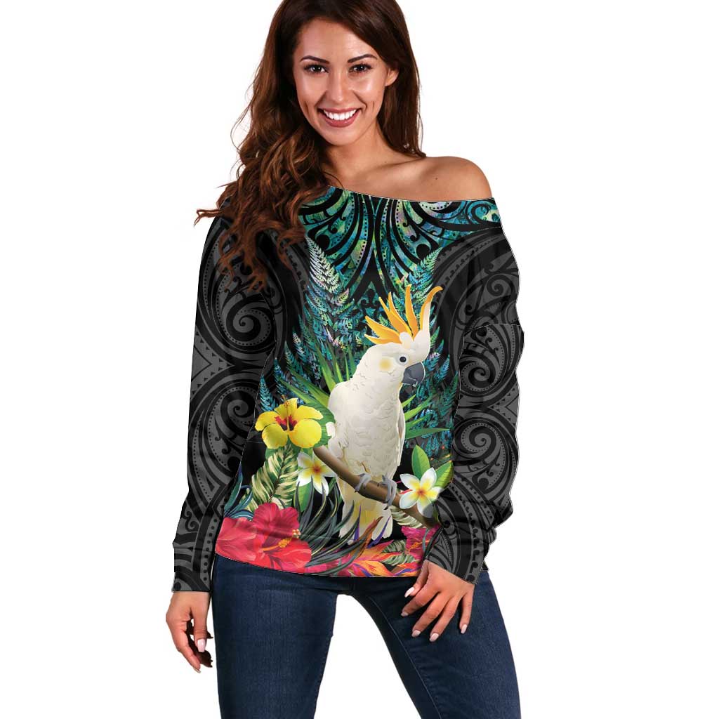 Sulphur-crested Cockatoo New Zealand Off Shoulder Sweater Paua Shell Aotearoa Maori Tropical Flowers - Polynesian Pride