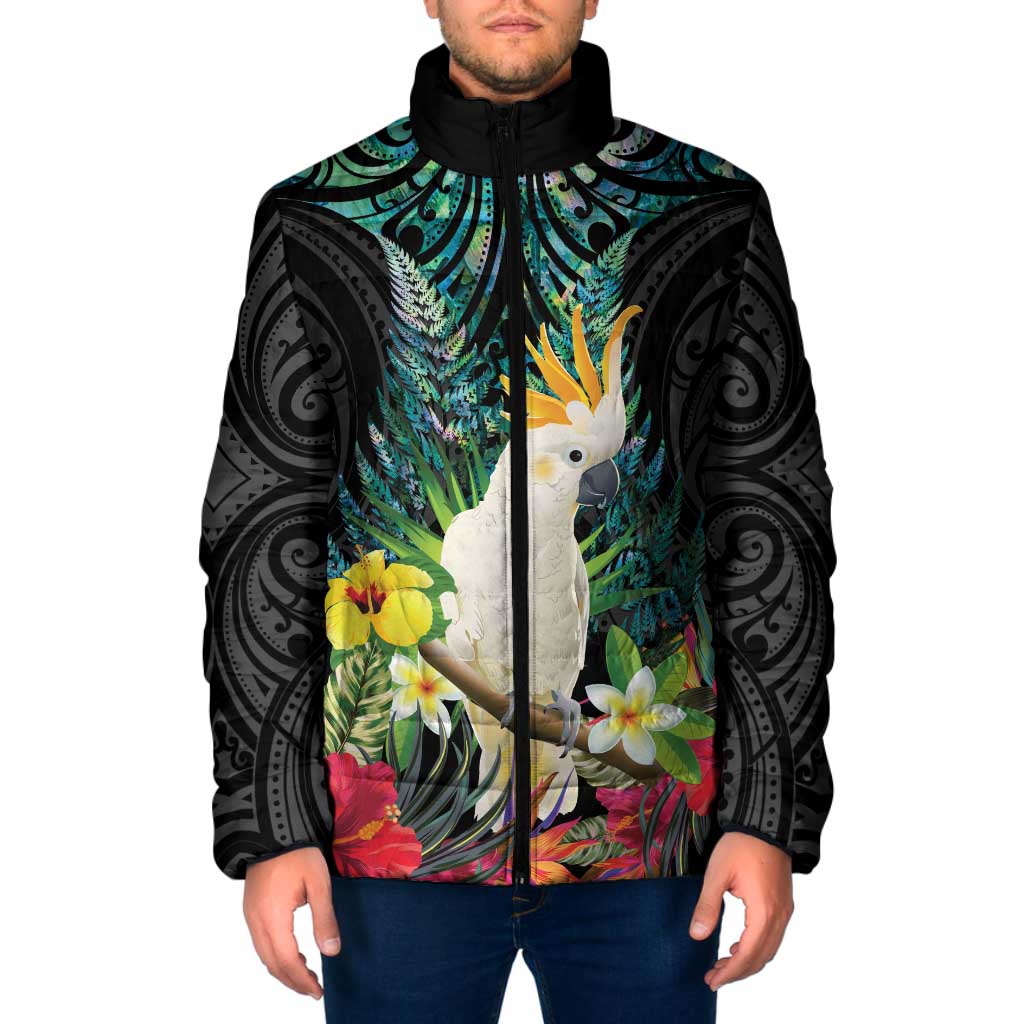 Sulphur-crested Cockatoo New Zealand Padded Jacket Paua Shell Aotearoa Maori Tropical Flowers - Polynesian Pride