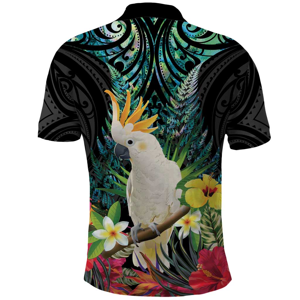 Sulphur-crested Cockatoo New Zealand Polo Shirt Paua Shell Aotearoa Maori Tropical Flowers - Polynesian Pride