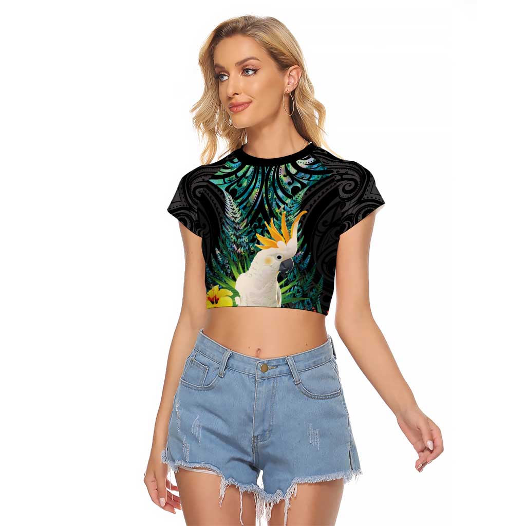 Sulphur-crested Cockatoo New Zealand Raglan Cropped T Shirt Paua Shell Aotearoa Maori Tropical Flowers - Polynesian Pride