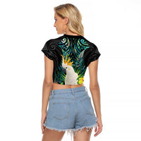 Sulphur-crested Cockatoo New Zealand Raglan Cropped T Shirt Paua Shell Aotearoa Maori Tropical Flowers - Polynesian Pride