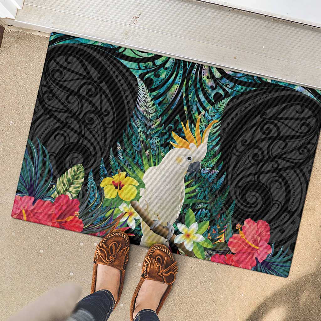 Sulphur-crested Cockatoo New Zealand Rubber Doormat Paua Shell Aotearoa Maori Tropical Flowers - Polynesian Pride