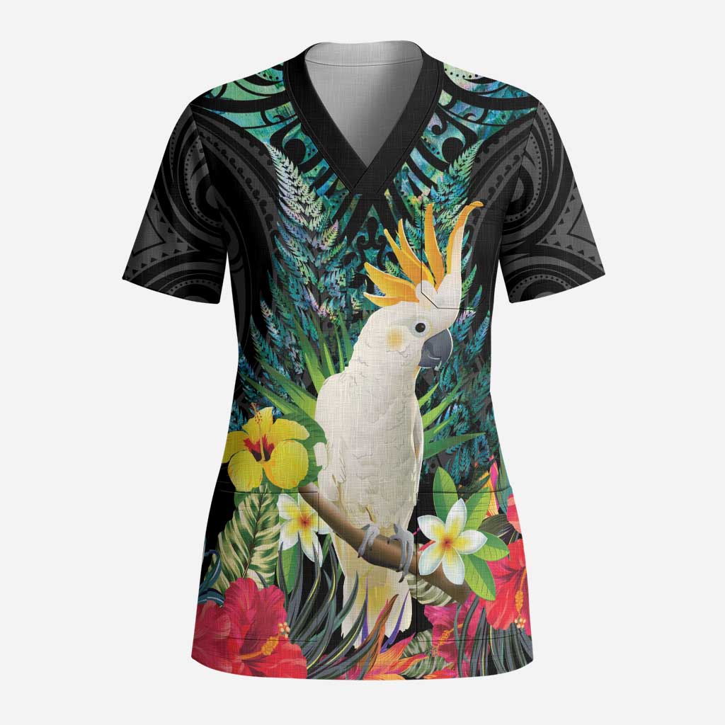 Sulphur-crested Cockatoo New Zealand Scrub Top Paua Shell Aotearoa Maori Tropical Flowers - Polynesian Pride