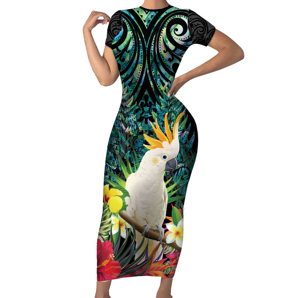 Sulphur-crested Cockatoo New Zealand Short Sleeve Bodycon Dress Paua Shell Aotearoa Maori Tropical Flowers - Polynesian Pride