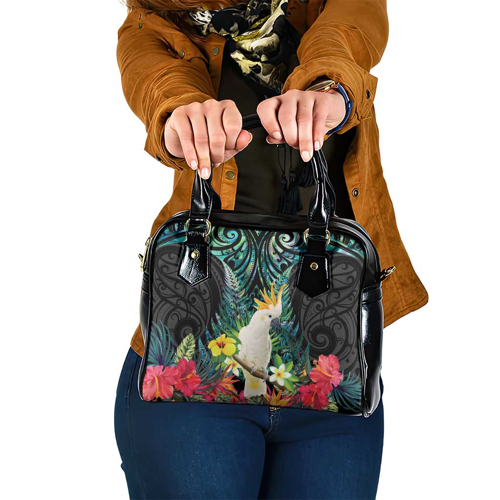 Sulphur-crested Cockatoo New Zealand Shoulder Handbag Paua Shell Aotearoa Maori Tropical Flowers - Polynesian Pride