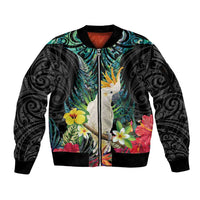Sulphur-crested Cockatoo New Zealand Sleeve Zip Bomber Jacket Paua Shell Aotearoa Maori Tropical Flowers - Polynesian Pride