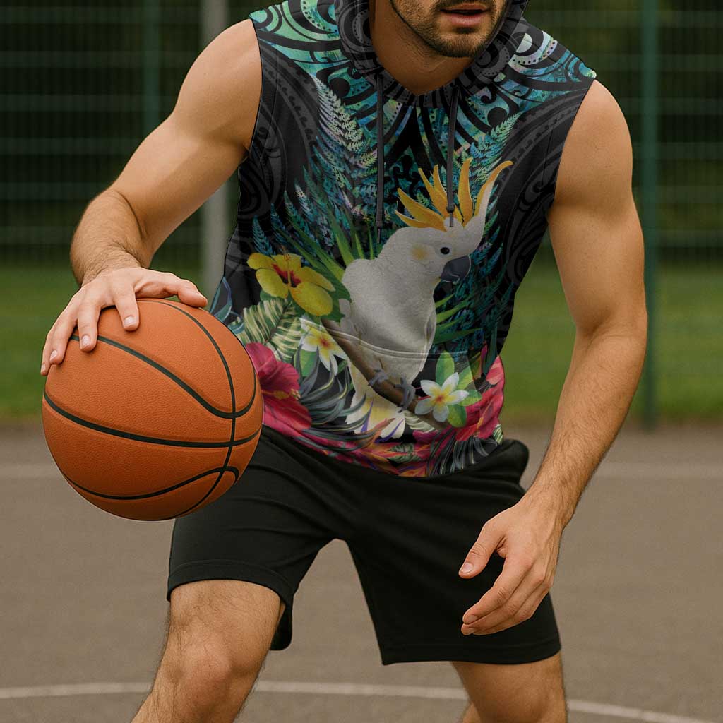 Sulphur-crested Cockatoo New Zealand Sleeveless Hoodie Paua Shell Aotearoa Maori Tropical Flowers - Polynesian Pride