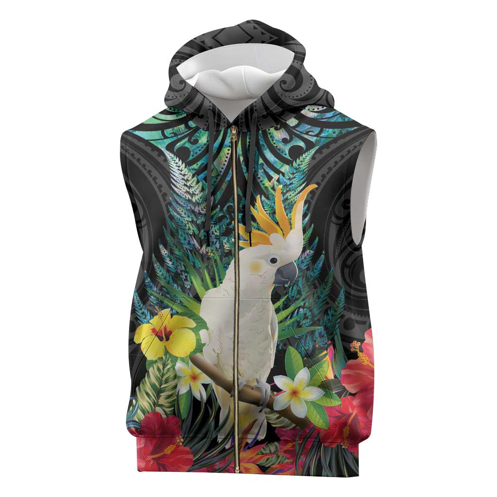 Sulphur-crested Cockatoo New Zealand Sleeveless Zip Hoodie Paua Shell Aotearoa Maori Tropical Flowers - Polynesian Pride