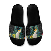 Sulphur-crested Cockatoo New Zealand Slide Sandals Paua Shell Aotearoa Maori Tropical Flowers - Polynesian Pride