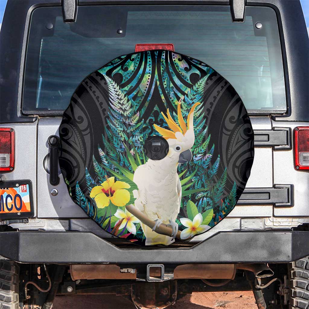 Sulphur-crested Cockatoo New Zealand Spare Tire Cover Paua Shell Aotearoa Maori Tropical Flowers - Polynesian Pride