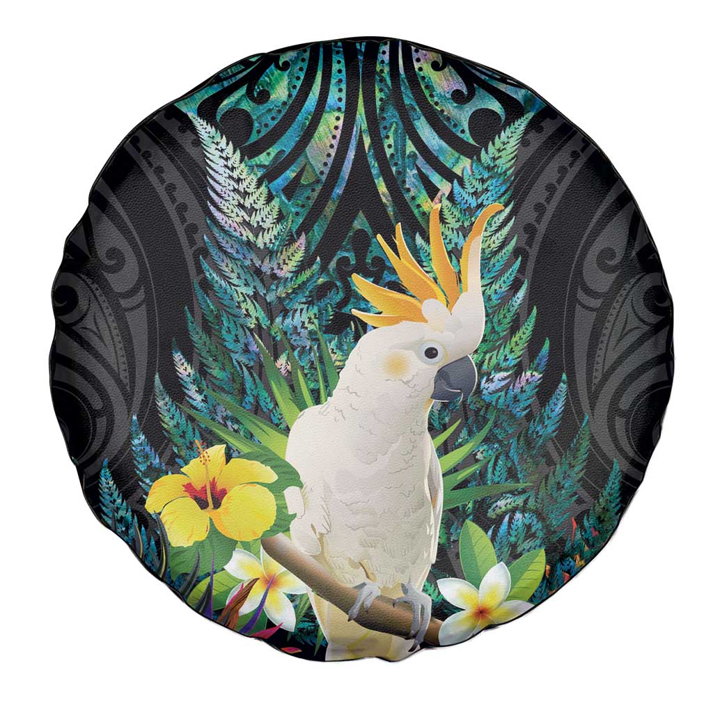 Sulphur-crested Cockatoo New Zealand Spare Tire Cover Paua Shell Aotearoa Maori Tropical Flowers - Polynesian Pride