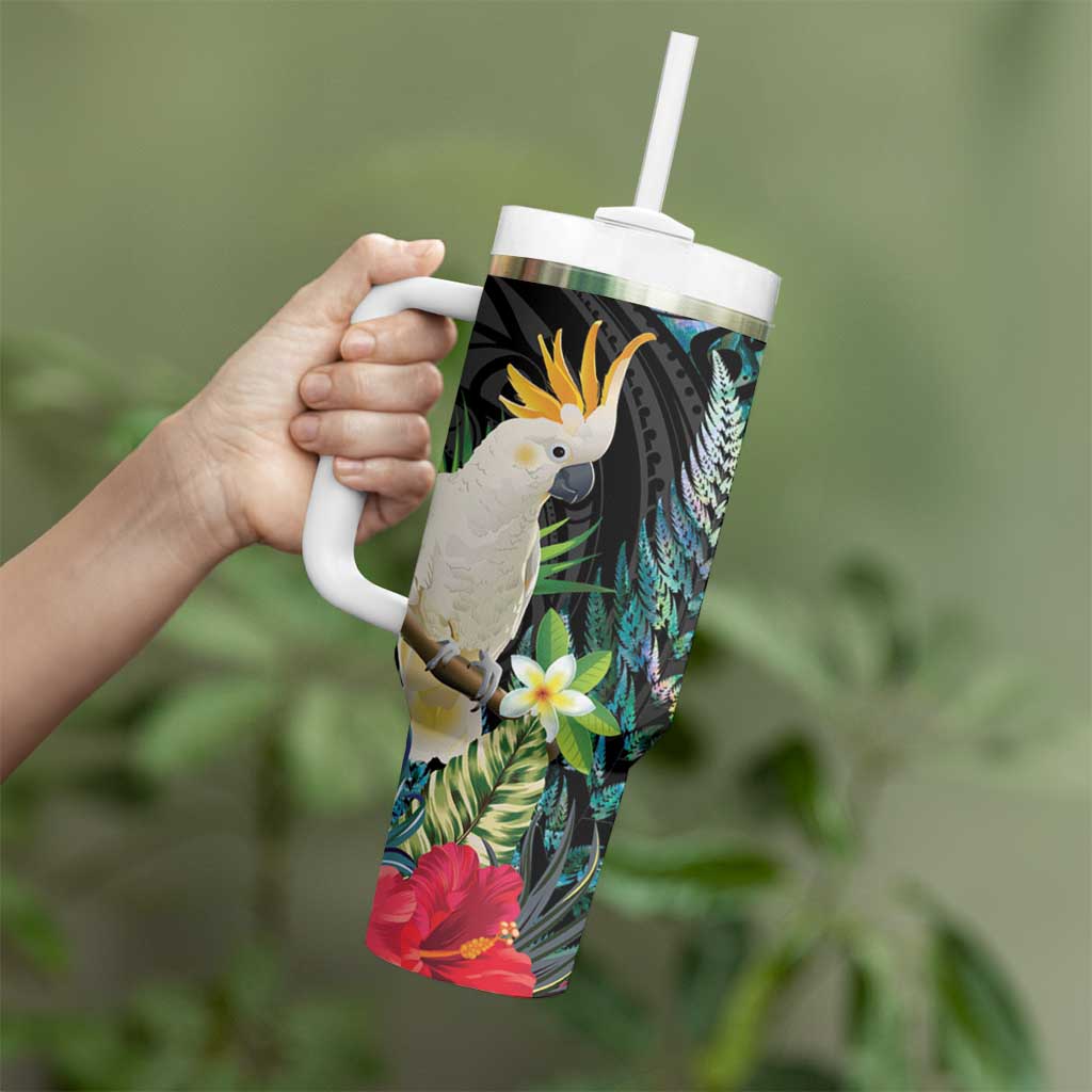 Sulphur-crested Cockatoo New Zealand Tumbler With Handle Paua Shell Aotearoa Maori Tropical Flowers - Polynesian Pride