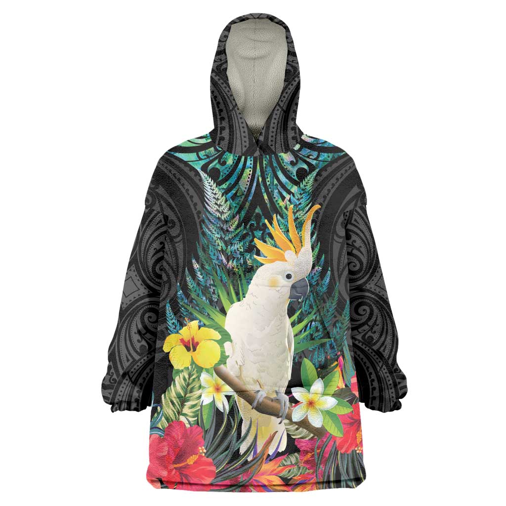 Sulphur-crested Cockatoo New Zealand Wearable Blanket Hoodie Paua Shell Aotearoa Maori Tropical Flowers - Polynesian Pride