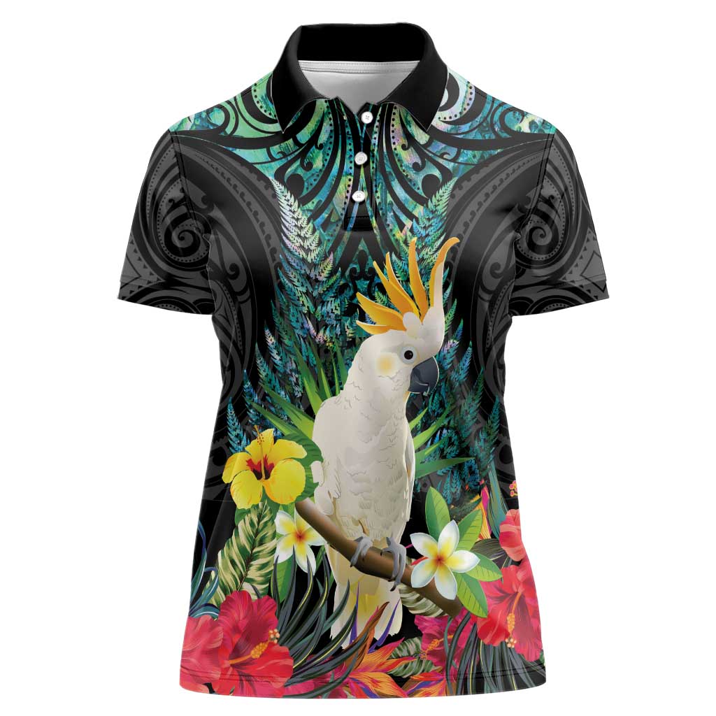 Sulphur-crested Cockatoo New Zealand Women Polo Shirt Paua Shell Aotearoa Maori Tropical Flowers - Polynesian Pride