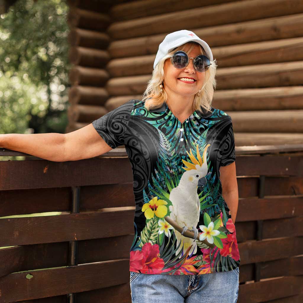 Sulphur-crested Cockatoo New Zealand Women Polo Shirt Paua Shell Aotearoa Maori Tropical Flowers - Polynesian Pride