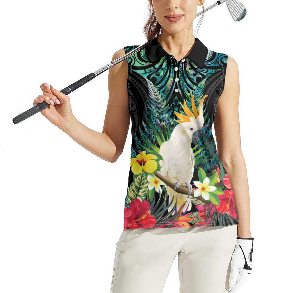 Sulphur-crested Cockatoo New Zealand Women Sleeveless Polo Shirt Paua Shell Aotearoa Maori Tropical Flowers - Polynesian Pride
