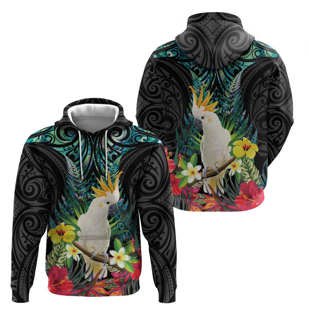 Sulphur-crested Cockatoo New Zealand Zip Hoodie Paua Shell Aotearoa Maori Tropical Flowers - Polynesian Pride