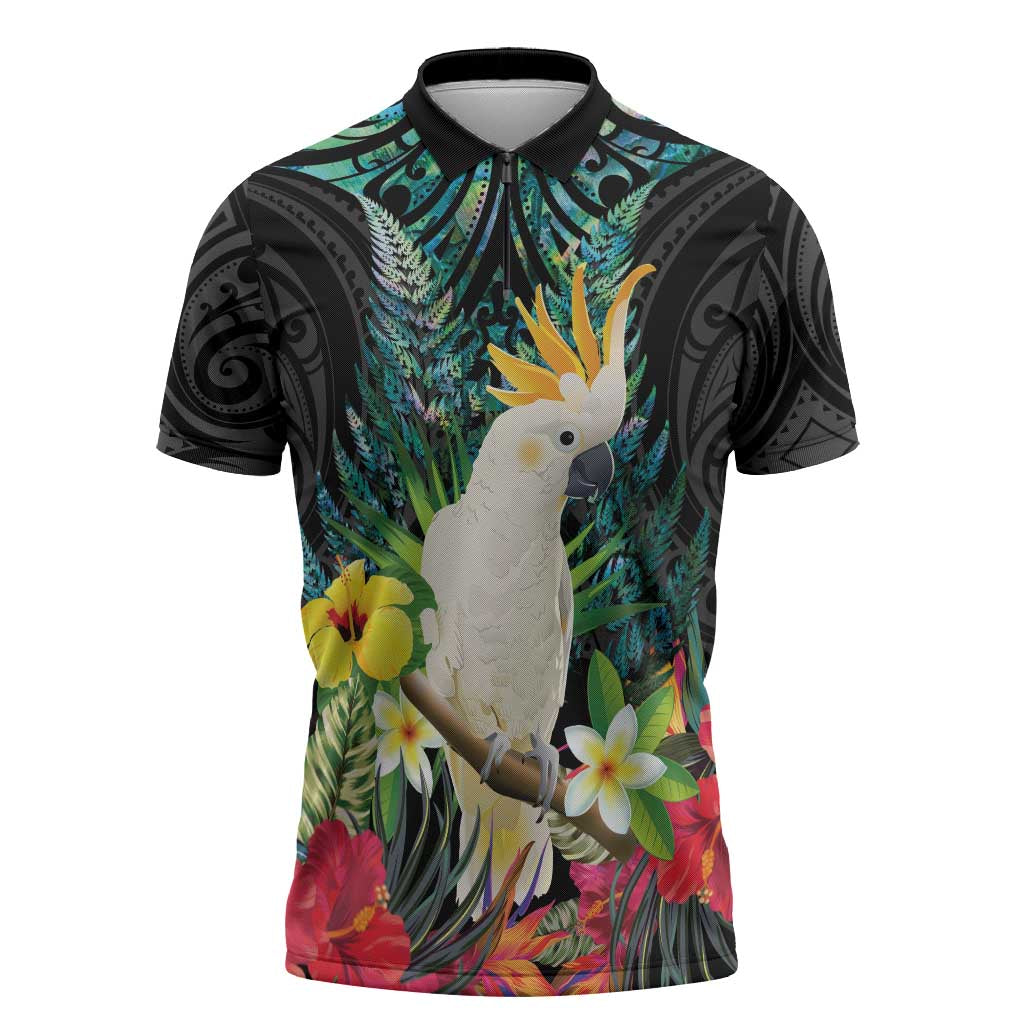 Sulphur-crested Cockatoo New Zealand Zipper Polo Shirt Paua Shell Aotearoa Maori Tropical Flowers - Polynesian Pride