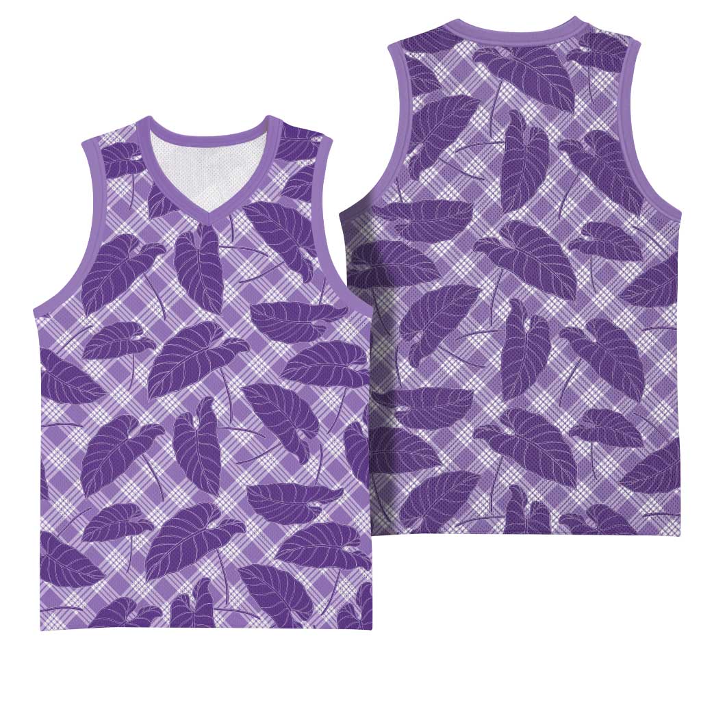 Purple Hawaii Kalo Palaka Motifs Basketball Jersey Hawaiian Taro Leaves Elegant Vibes - Polynesian Pride