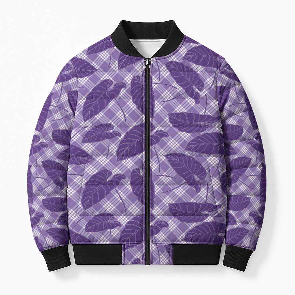 Purple Hawaii Kalo Palaka Motifs Bomber Puffer Jacket Hawaiian Taro Leaves Elegant Vibes - Polynesian Pride