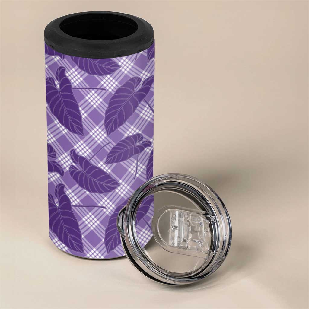 Purple Hawaii Kalo Palaka Motifs 4 in 1 Can Cooler Tumbler Hawaiian Taro Leaves Elegant Vibes - Polynesian Pride