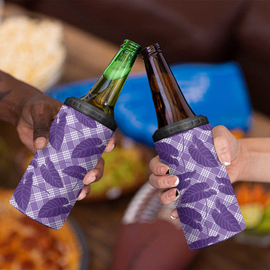 Purple Hawaii Kalo Palaka Motifs 4 in 1 Can Cooler Tumbler Hawaiian Taro Leaves Elegant Vibes - Polynesian Pride